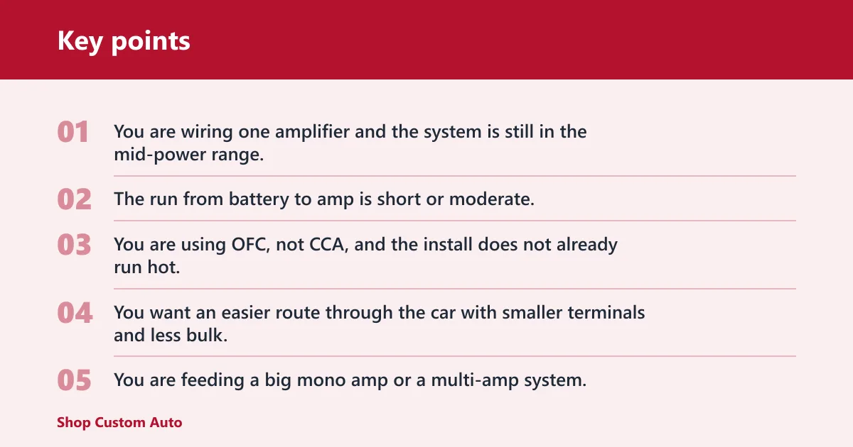 Key points: Choose 4 gauge if… / Choose 0 gauge if…