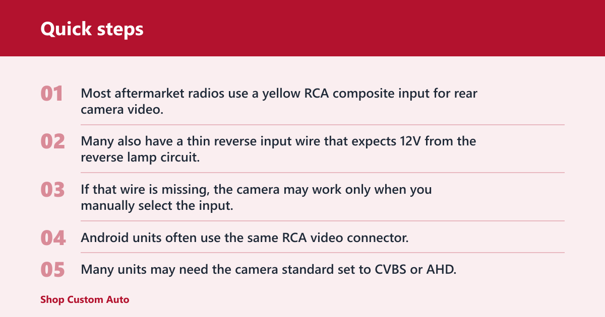 Quick steps: What you'll need before you start

  Multimeter for 12V checks, ground checks, and reverse-light confirmation
  Trim tools for removing panels without cracking clips
  Crimp tool, wire stripper, and insulated butt connectors or solder and heat-shrink
  Test leads or back-probe pins for checking the head unit connector
  RCA composite video cable with a yellow connector
  Backup camera with 12V power leads and ground lead
  Thin trigger wire, often bundled with the RCA lead
  Fuse tap or add-a-fuse for accessory-grade power sourcing
  Factory camera adapter or retention interface if the OEM camera is not standard RCA


How backup camera wiring changes by head unit type