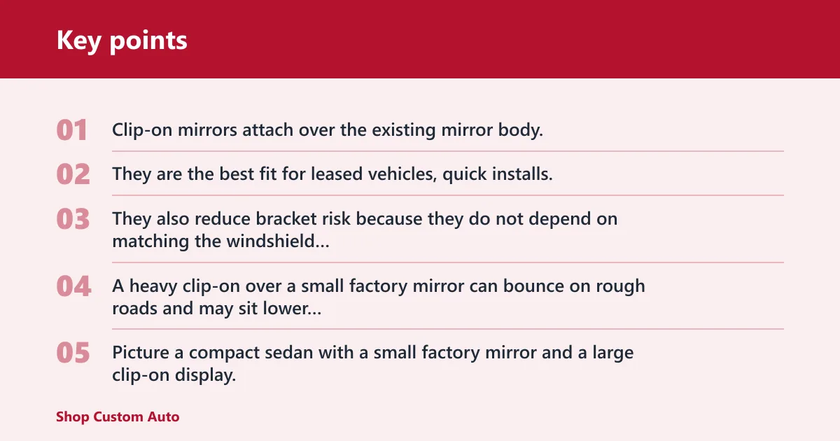 Key points: Should you buy a clip-on or replacement mirror monitor?