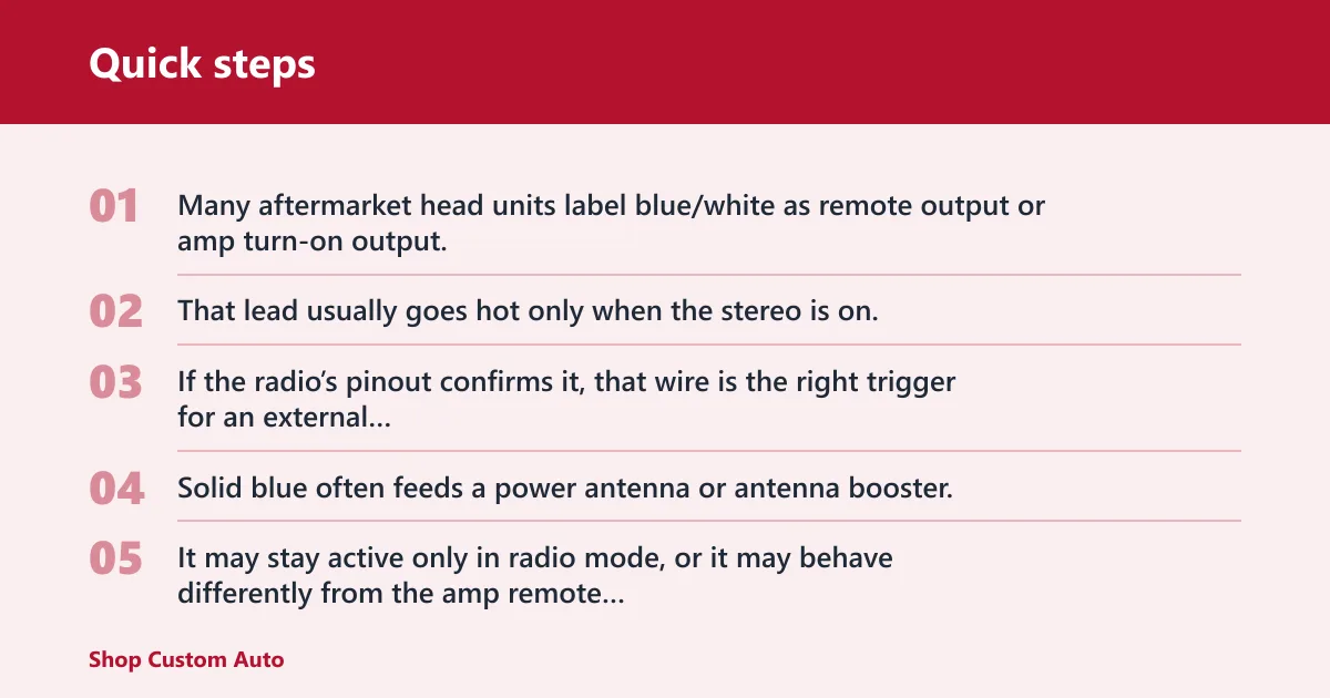 Quick steps: What color is the amp turn on wire on a car stereo?
