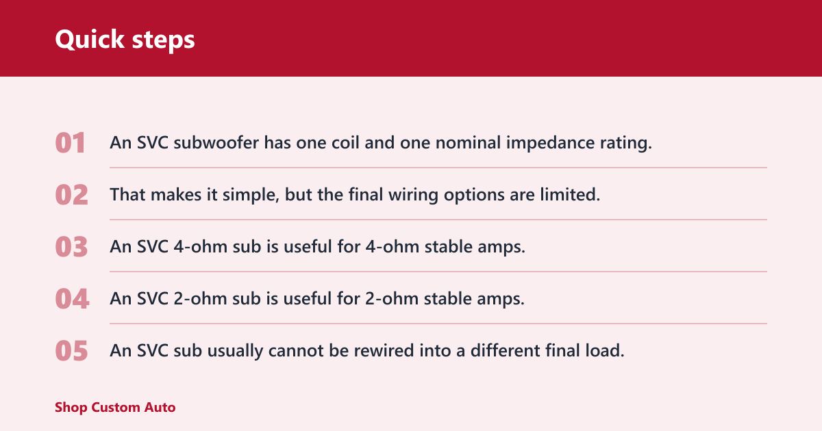 Quick steps: What does subwoofer impedance mean?
Subwoofer impedance is the electrical load a subwoofer puts on an amplifier, measured in ohms (Ω). The printed rating is nominal, not exact. A multimeter can read DC resistance in ohms, but that number is usually lower than the speaker’s nominal impedance and is only a quick sanity check.


Nominal ohms vs. measured DC resistance
Ohm is the SI unit of electrical resistance, and the symbol is Ω. One ohm is defined as one volt per ampere. Ohm’s law is written as V = IR, where voltage equals current times resistance. Resistance opposes the flow of electrical current.
For subwoofers, the printed 2-ohm or 4-ohm rating is nominal. A meter in ohms mode measures DC resistance, not the full AC load the amp sees while music is playing. That is why a “4-ohm” sub often reads below 4 ohms on a multimeter.

Why the Ω rating matters for amp matching
The amplifier does not care about the label by itself. It cares about the load it must drive safely. Lower resistance can demand more current from the amp, and higher current demand can push a weak amp into clipping, heat, or protection if the load drops below its stable range.
Use the nominal impedance as the wiring target, then confirm the final series or parallel result before buying. That is the practical rule that keeps you from ending up with a subwoofer that only wires to the wrong load.

What impedance can your amplifier safely see?
Your amplifier’s minimum stable load is the lowest impedance it can handle safely, and that number matters more than the subwoofer label alone. Most car audio amps are rated for 1 ohm, 2 ohms, or 4 ohms. If the final wired load goes below that limit, the amp may overheat, clip, or shut down.

1-ohm, 2-ohm, and 4-ohm amp ratings
A 1-ohm stable amp can safely run at 1 ohm if the manufacturer says so. A 2-ohm stable amp should not be forced to 1 ohm. A 4-ohm rated amp needs a 4-ohm load or a higher load that still fits the amp’s published limits.
Bridgeable and non-bridgeable matter too. Some amps can be bridged only at a higher minimum load, often 4 ohms bridged, even if they are stable at a lower load in stereo mode. Always use the bridge-mode rating, not the per-channel rating, when wiring bridged output.

What impedance does your amplifier want to see?
It wants to see the lowest load it can handle without protest, no lower. If the amp is stable at 2 ohms, then a final 2-ohm load is a normal target. If it is 1-ohm stable, 1 ohm becomes a valid target. If it is only 4-ohm stable, keep the load at 4 ohms or higher.

Which subwoofer voice coil setup gives you the right wiring options?