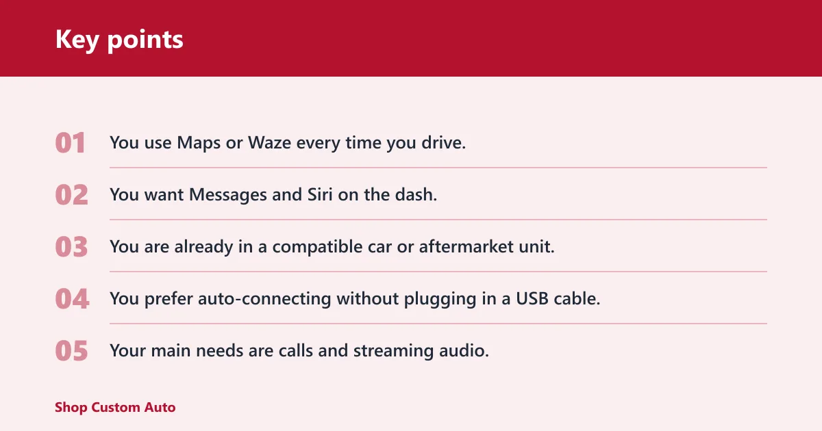 Key points: Choose Wireless CarPlay if… / Choose Bluetooth if…