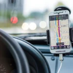 Driver in a car using wireless CarPlay on the dashboard during a morning commute